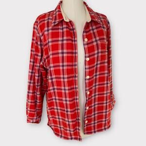 L.L. Bean Plaid Fleece Lined Flannel Shacket Red Blue Cabincore Chore Gorpcore L